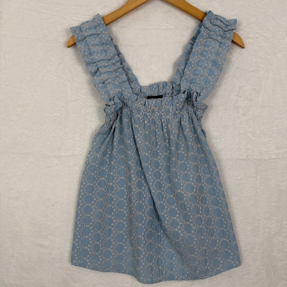 Aqua Womens Blue Eyelet Ruffle Smocked Babydoll Tank Top Size Medium